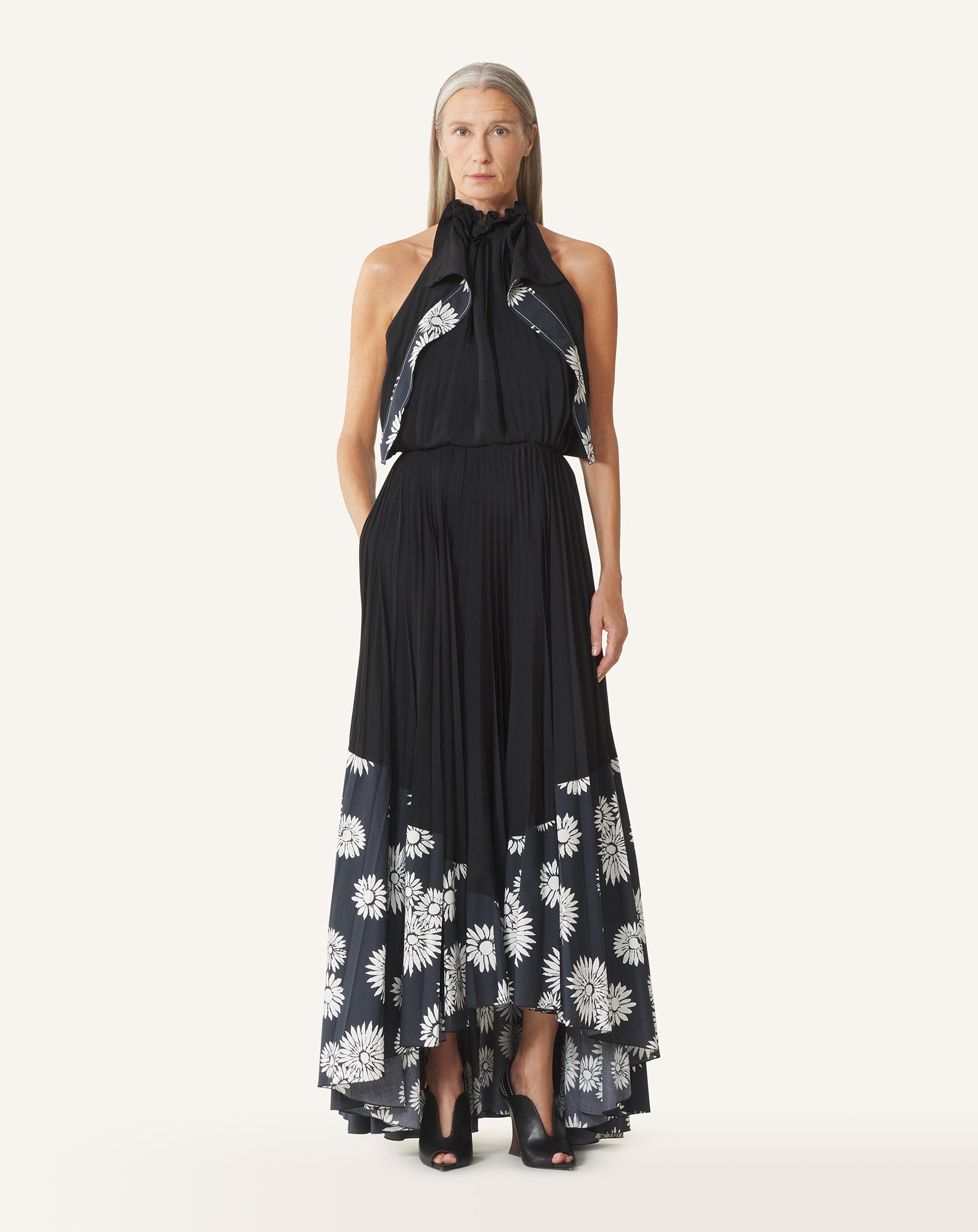 PLEATED DRESS IN CHARMEUSE AND PRINTED COTTON