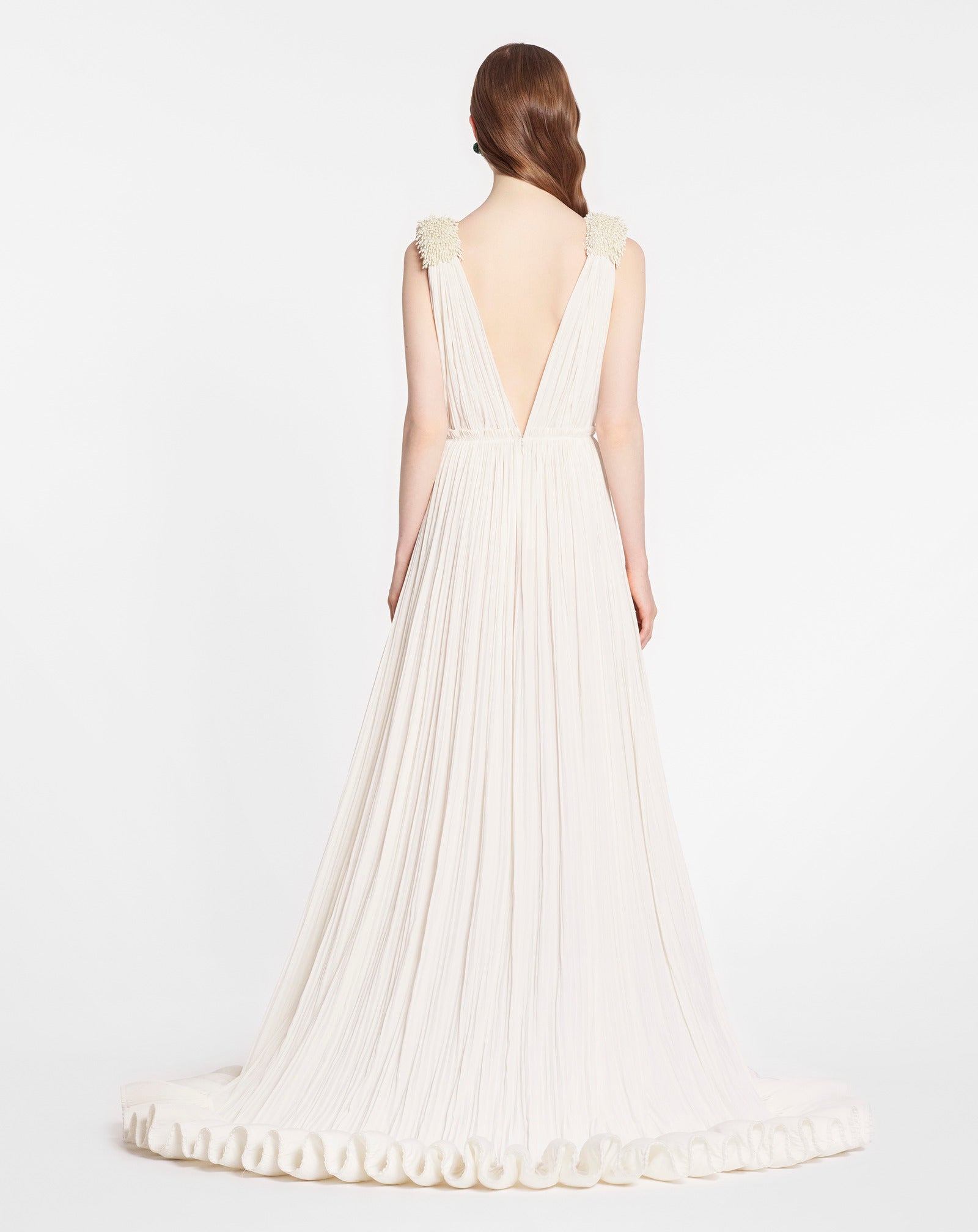 WHITE FLOOR LENGTH EVENING GOWN IN CHARMEUSE