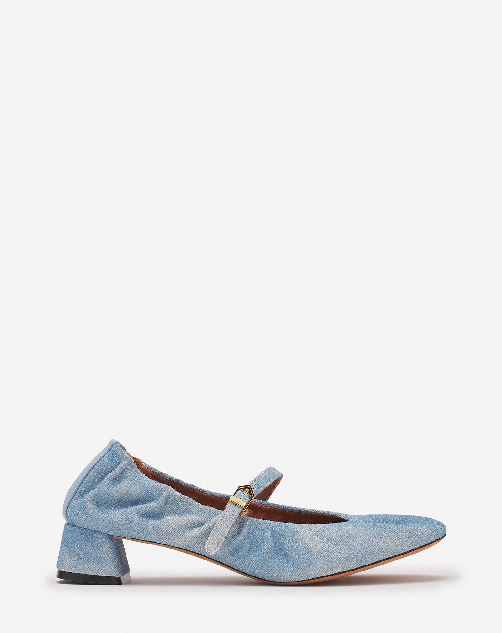 HEELED MARY JANES IN LEATHER WITH A FADED DENIM EFFECT