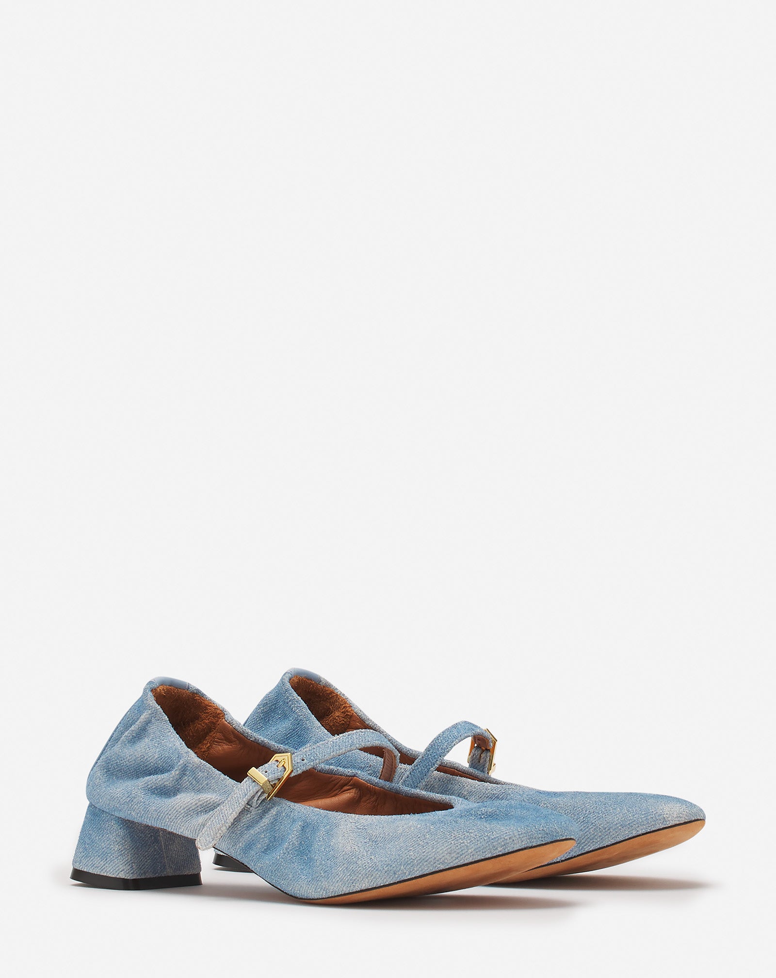 HEELED MARY JANES IN LEATHER WITH A FADED DENIM EFFECT