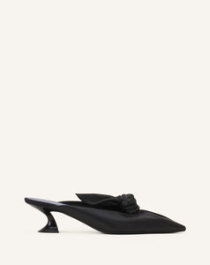 MIDNIGHT STEP HEELED MULES WITH A LEATHER BOW