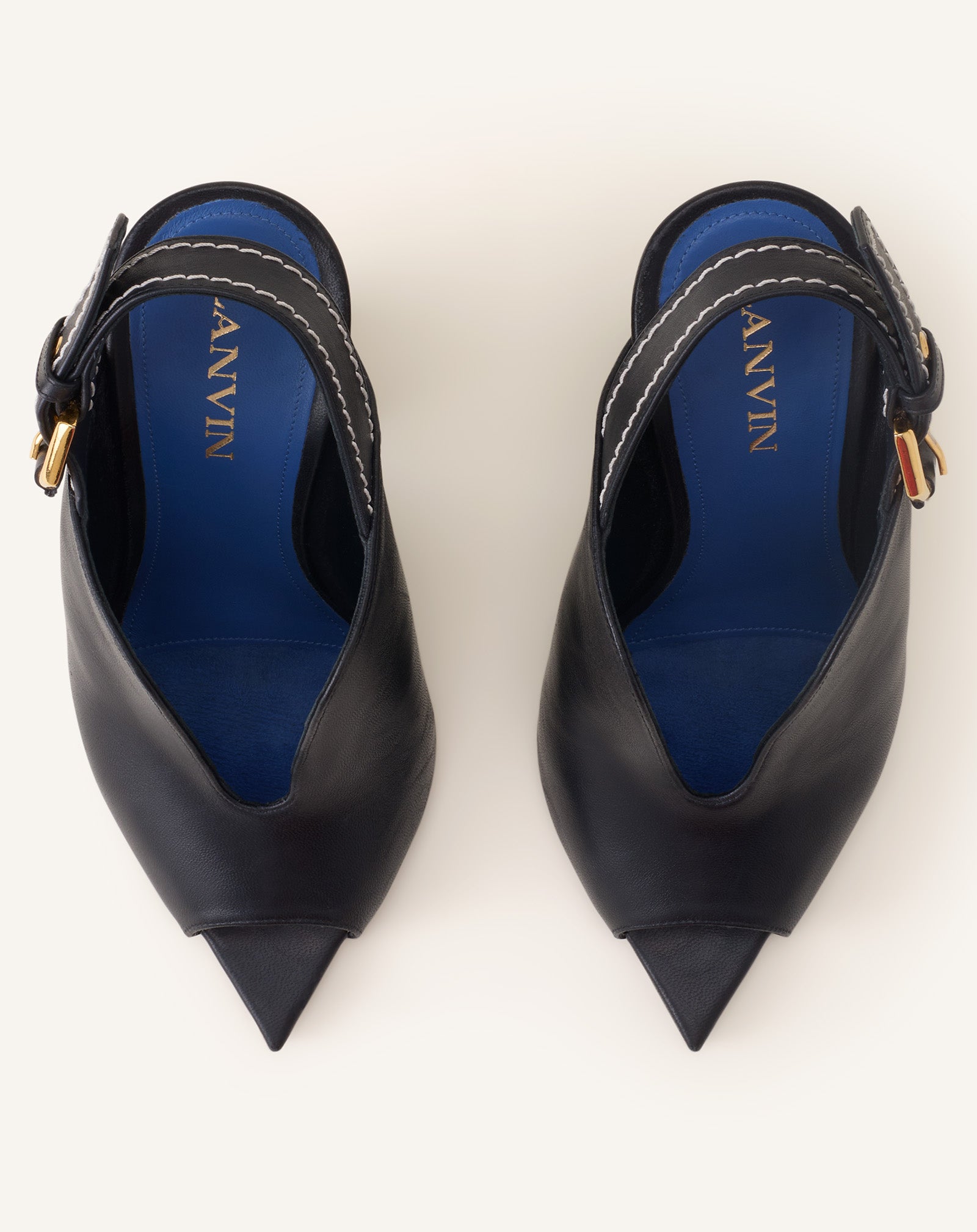 BLACK BUCKLE ARCH HEELED LEATHER MULE