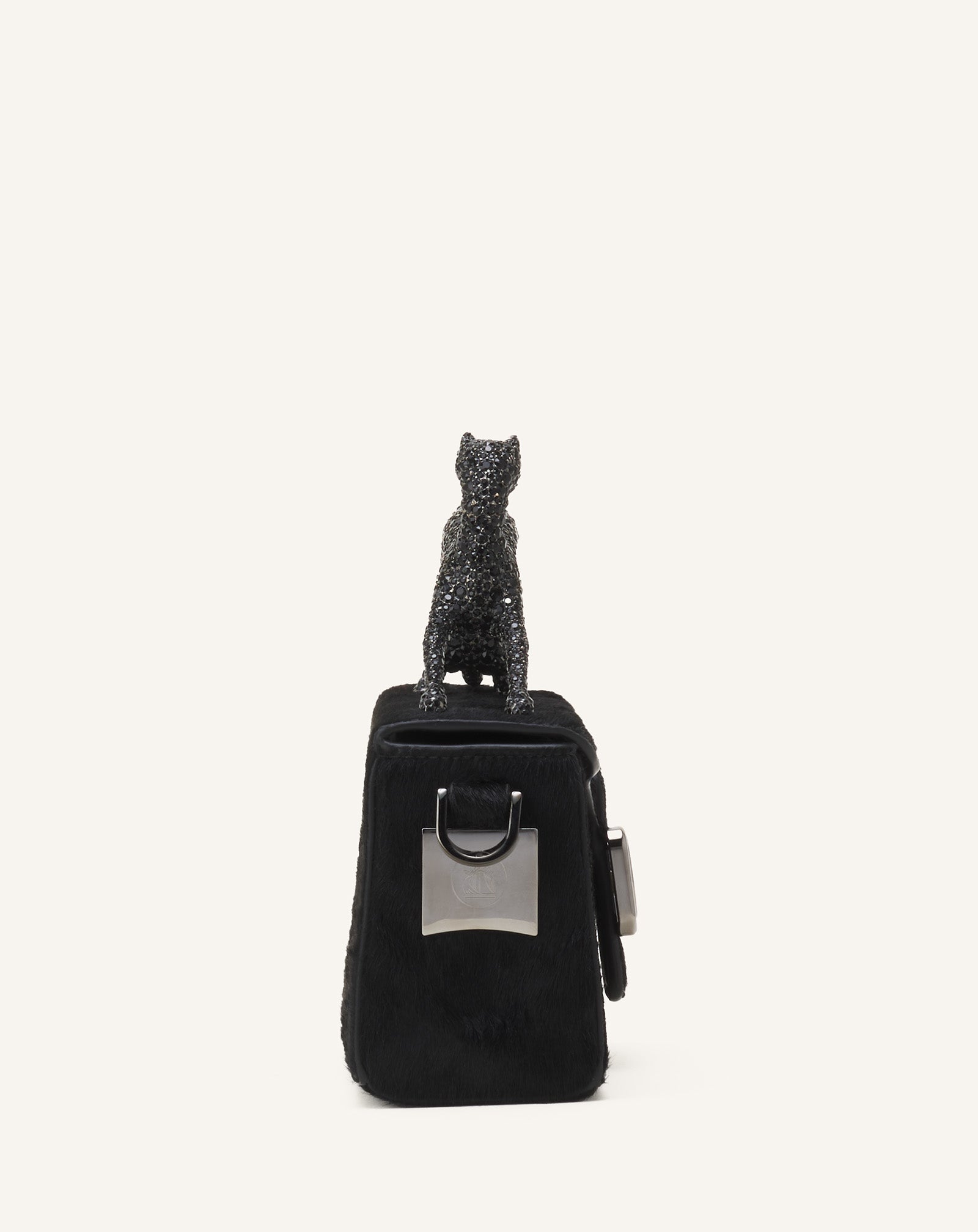BLACK PENCIL CAT NANO BAG IN PONY EFFECT AND RHINESTONES