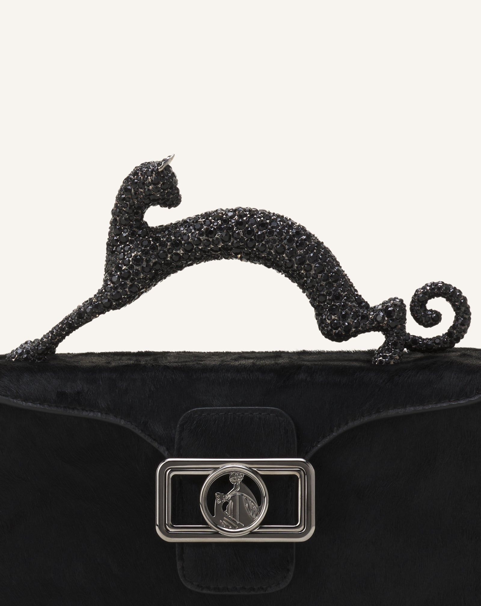 BLACK PENCIL CAT NANO BAG IN PONY EFFECT AND RHINESTONES