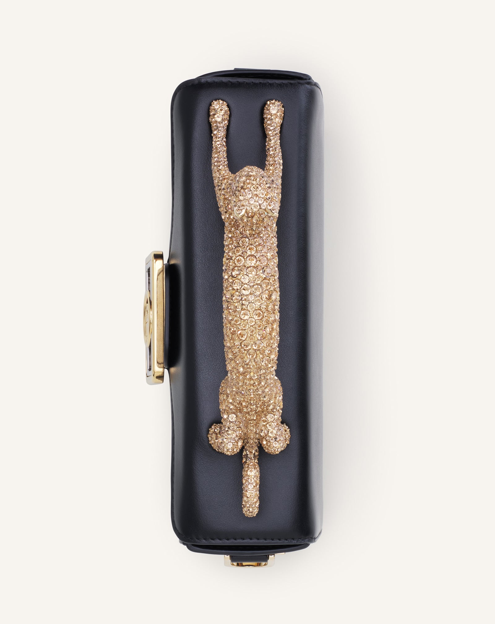 BLACK LEATHER NANO PENCIL CAT BAG WITH RHINESTONES