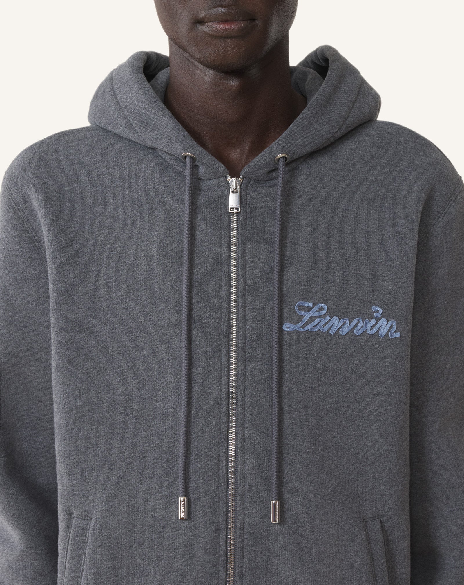 BLACK LANVIN RIBBON ZIP-UP HOODIE IN COTTON AND CASHMERE