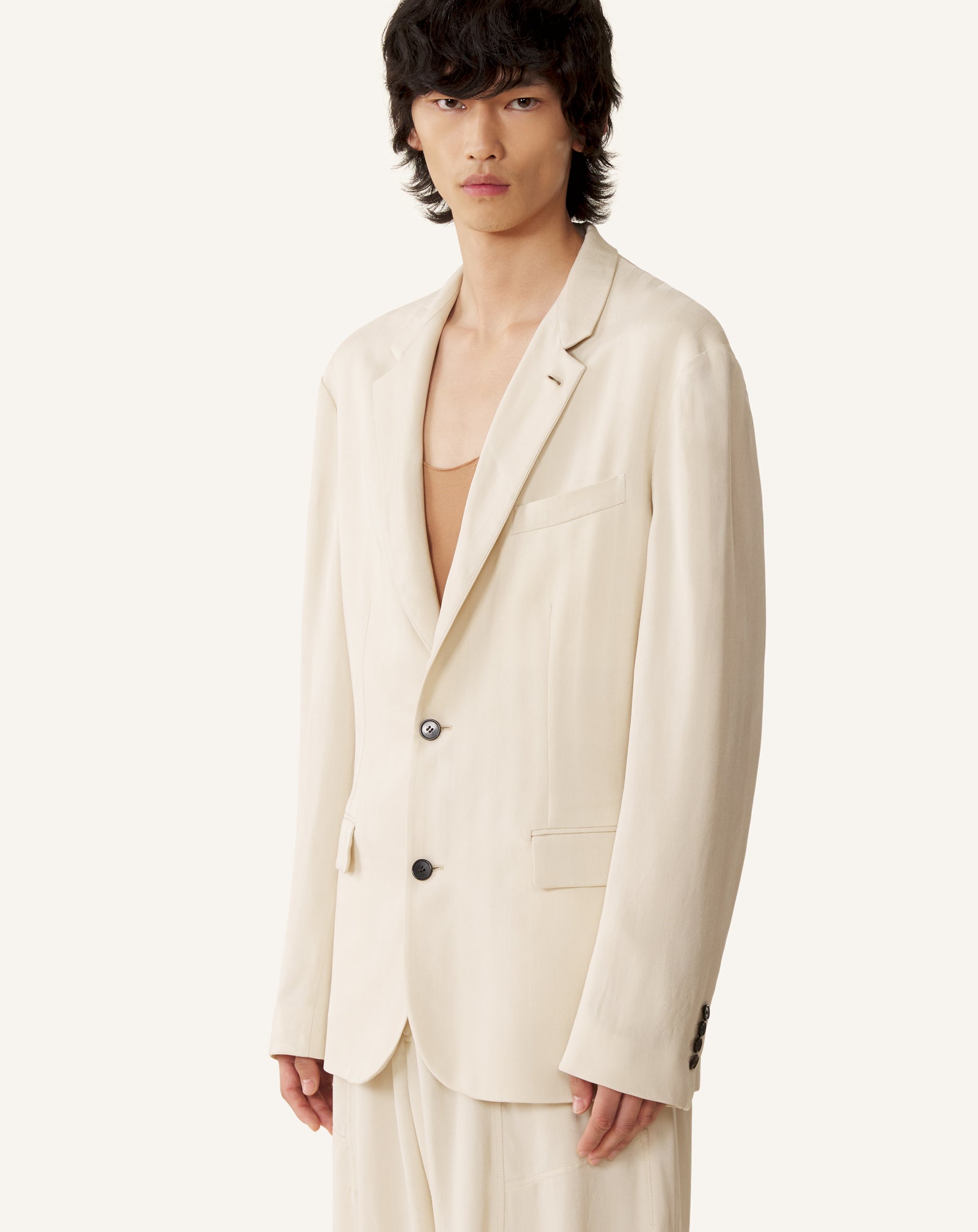 WHITE VISCOSE JACKET WITH STAND-UP COLLAR