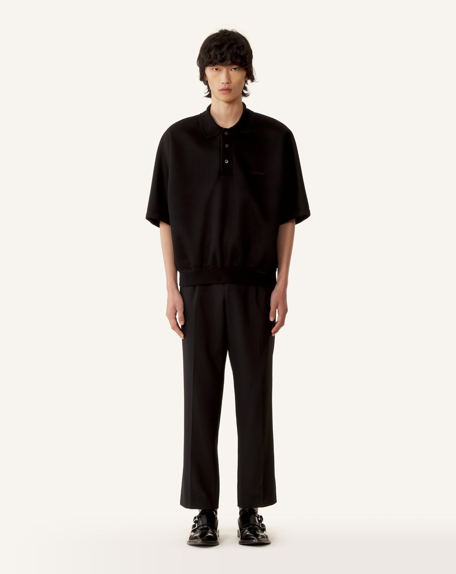 BLACK LOOSE-FIT DOUBLE-FACE JERSEY POLO SHIRT