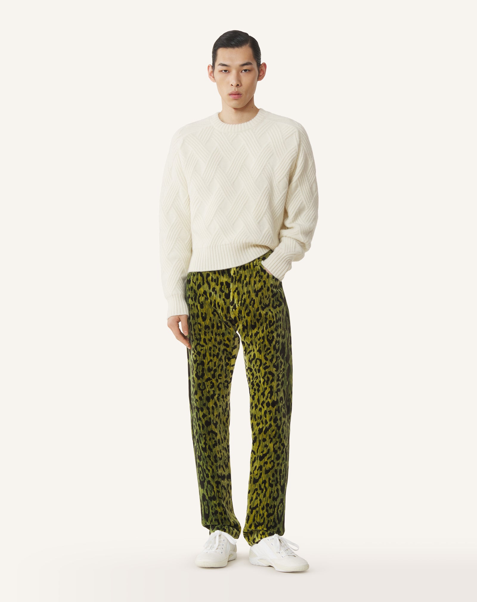 WHITE CABLE-KNIT WOOL SWEATER