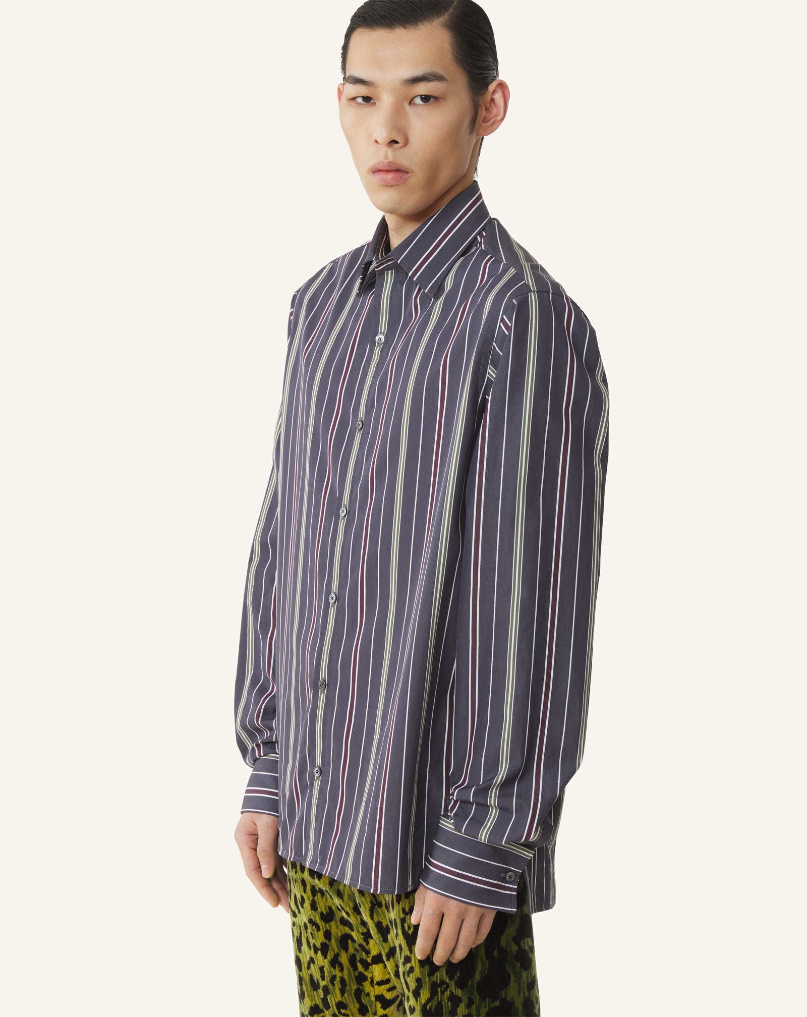 GREEN STRAIGHT-CUT STRIPED SHIRT IN COTTON POPLIN
