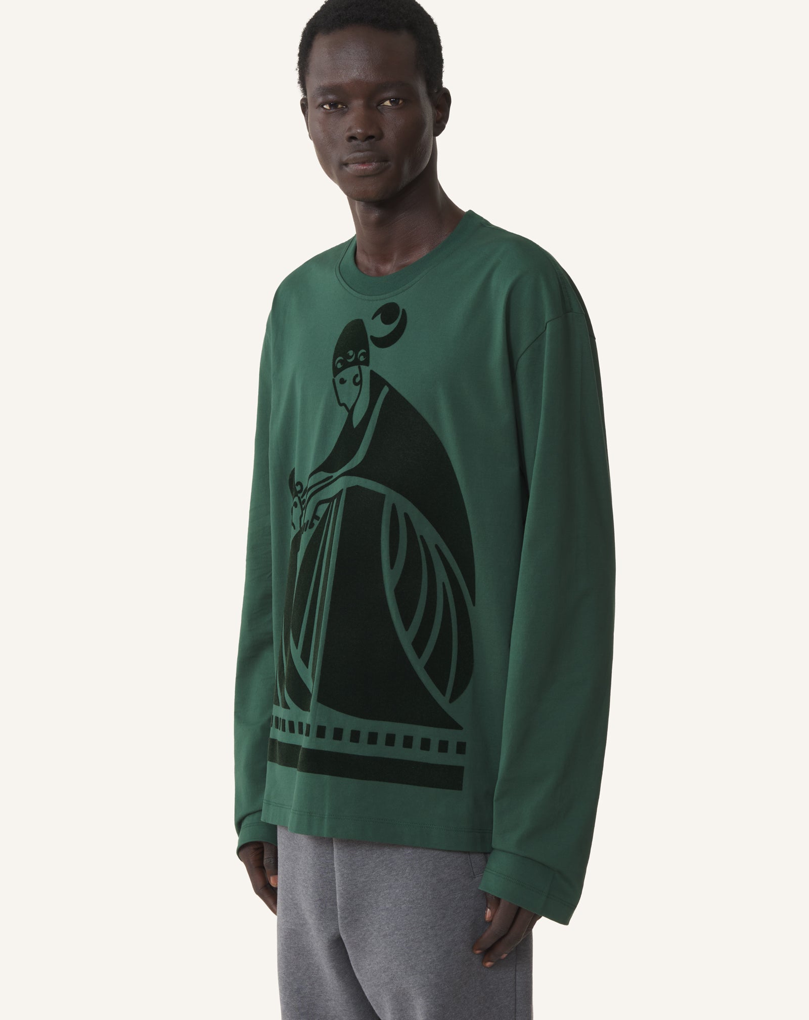 GREEN LONG SLEEVED COTTON T-SHIRT WITH  FLOCKED MOTHER AND CHILD MOTIF