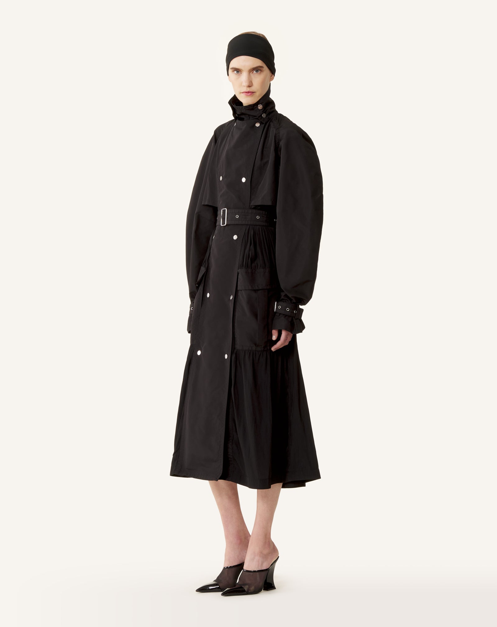 BLACK BI-MATERIAL TRENCH COAT IN SILK FAILLE AND CHARMEUSE FABRIC