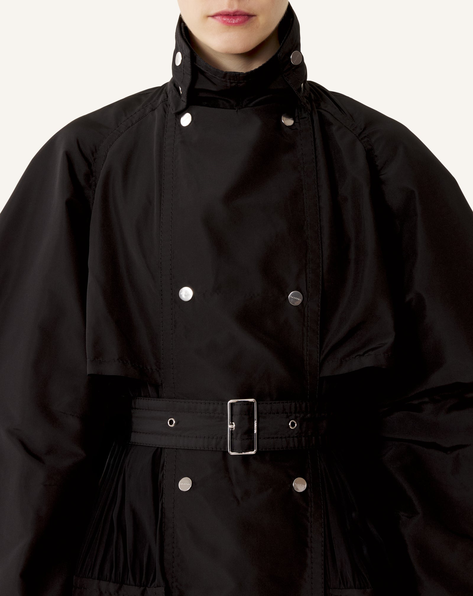 BLACK BI-MATERIAL TRENCH COAT IN SILK FAILLE AND CHARMEUSE FABRIC