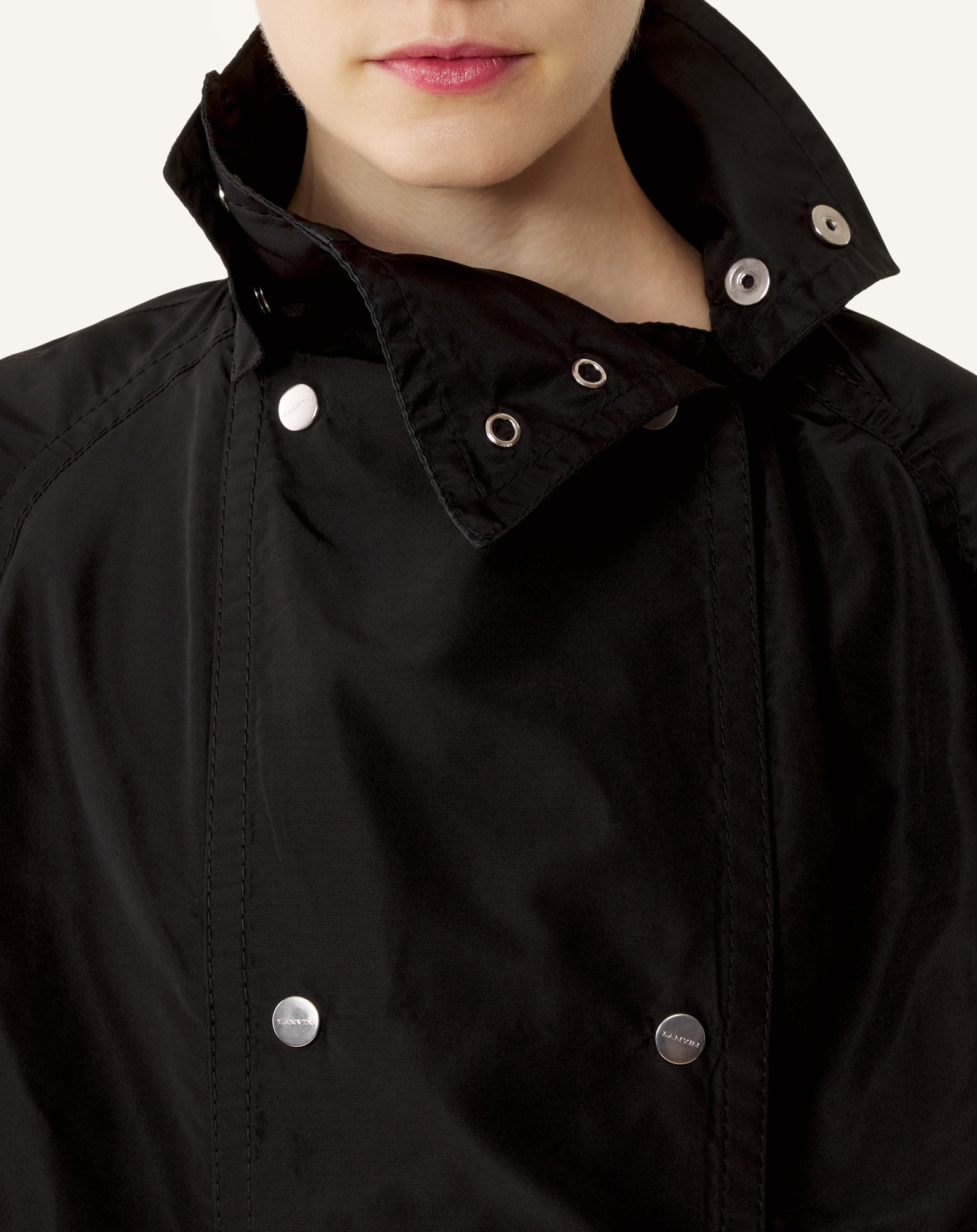 BLACK BI-MATERIAL TRENCH COAT IN SILK FAILLE AND CHARMEUSE FABRIC