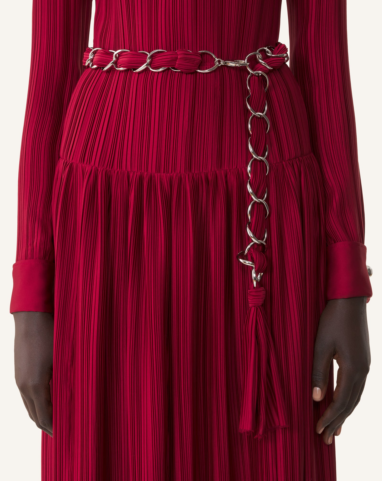 RED LONG PLEATED CHARMEUSE DRESS