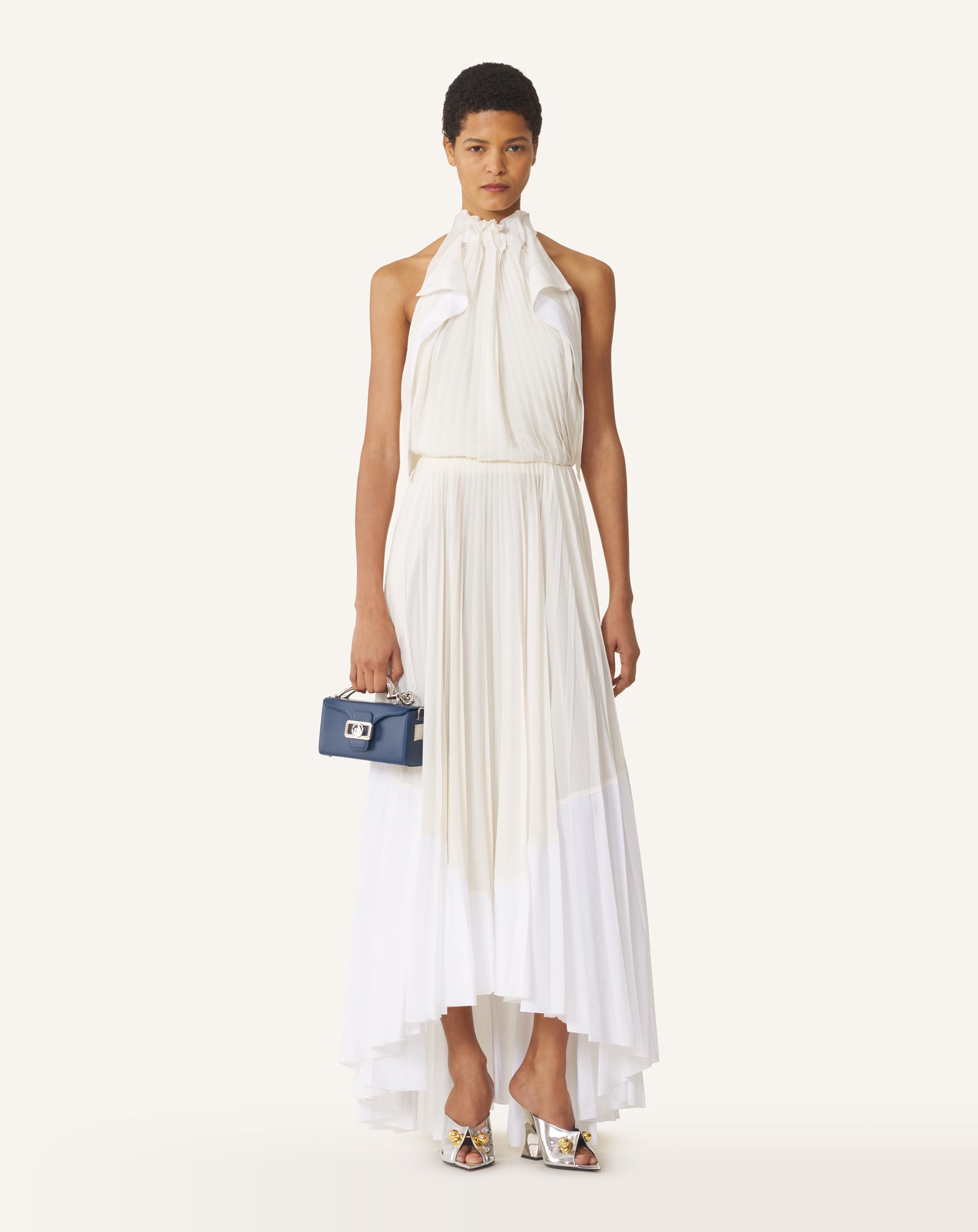 PLEATED DRESS IN CHARMEUSE AND COTTON