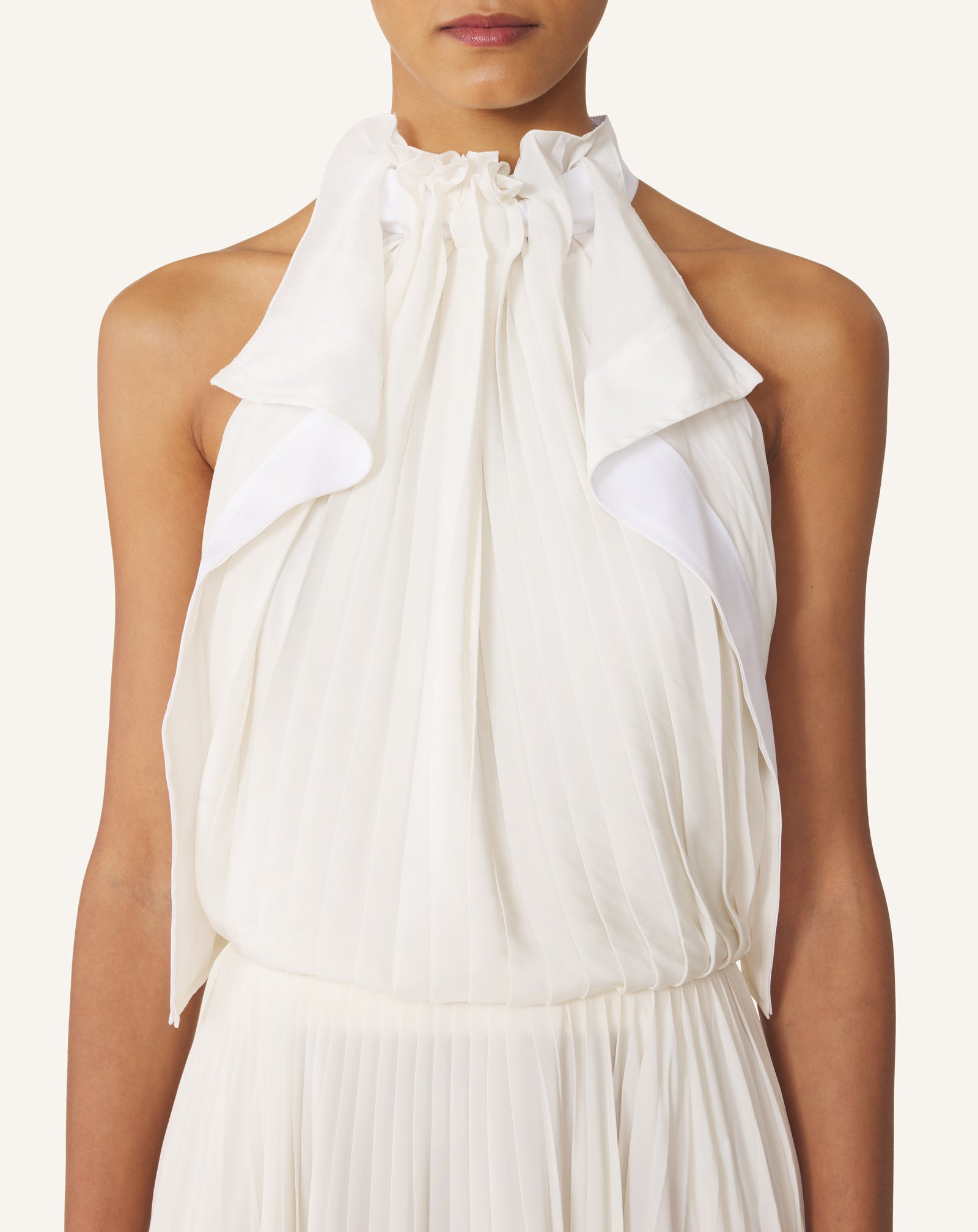 WHITE PLEATED DRESS IN CHARMEUSE AND COTTON