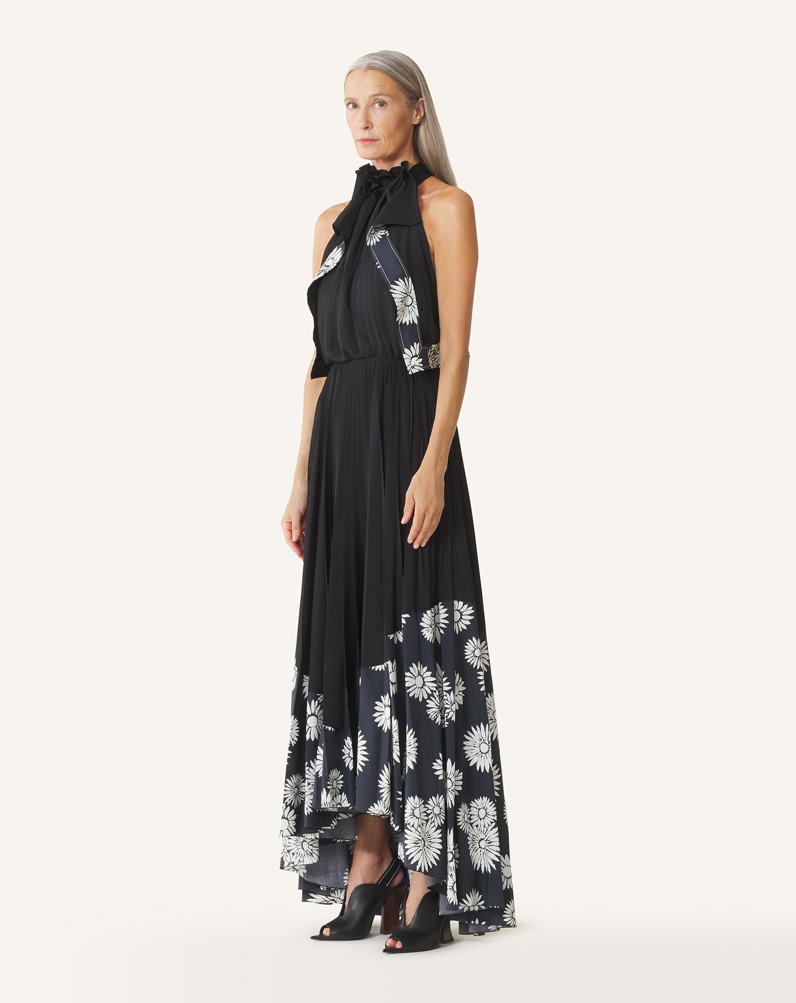 BLACK PLEATED DRESS IN CHARMEUSE AND PRINTED COTTON