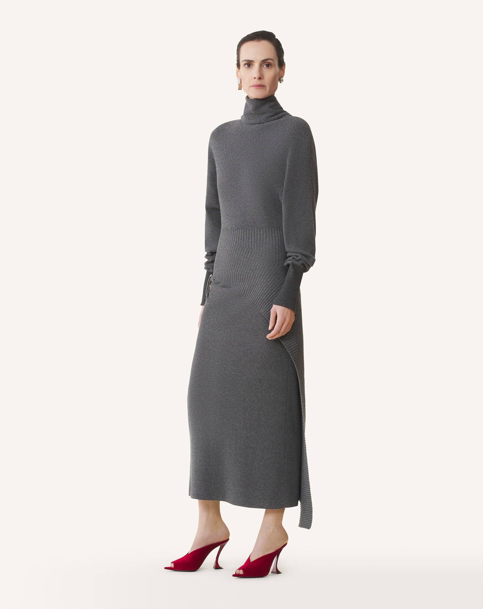 grey midi dress with sleeves Gray Wool Dress Handmade Fit & Flare Winter Midi