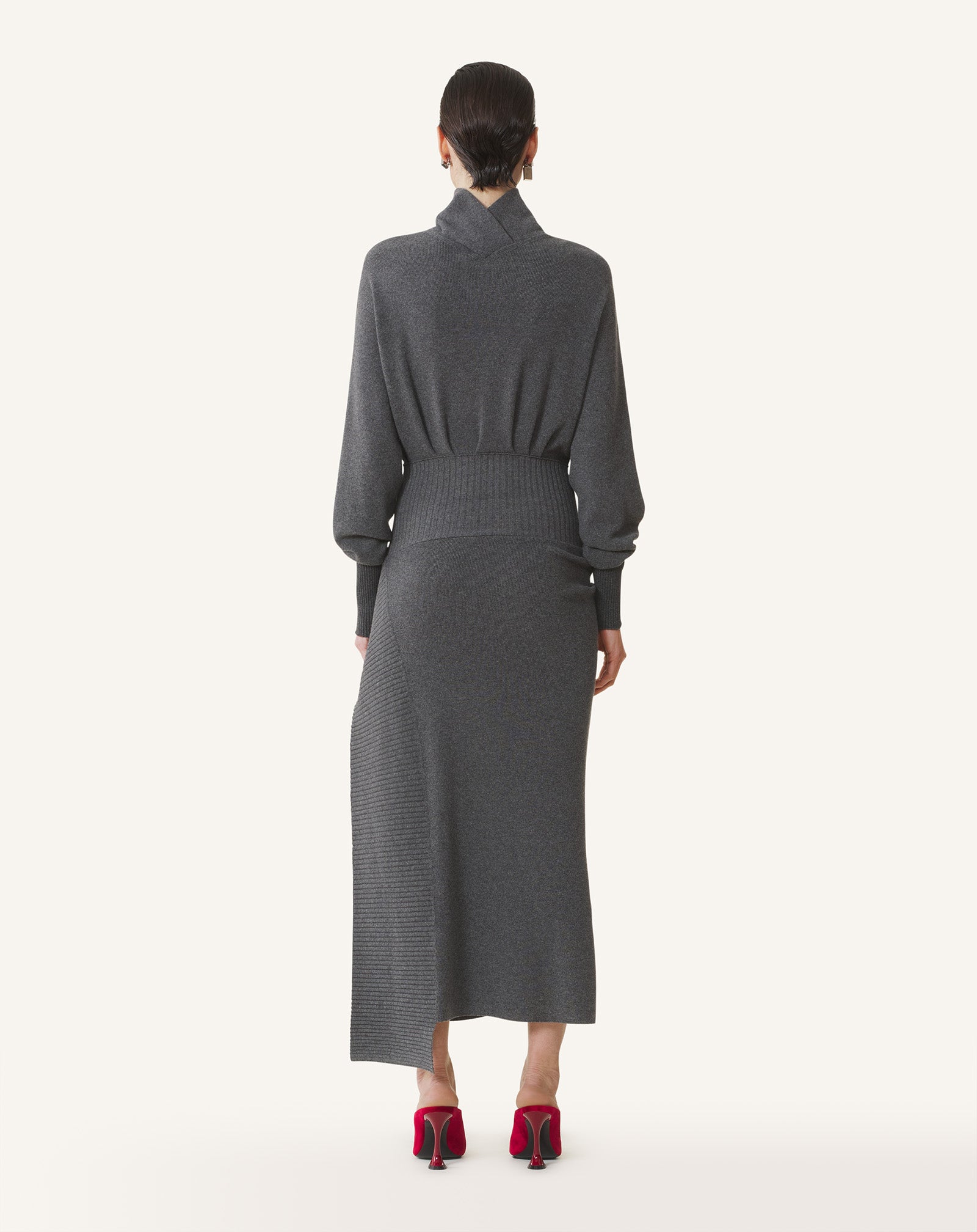 grey midi dress with sleeves Gray Wool Fit and Flare Midi Dress Long Sleeve V Neck Dress 5457 Gray / L