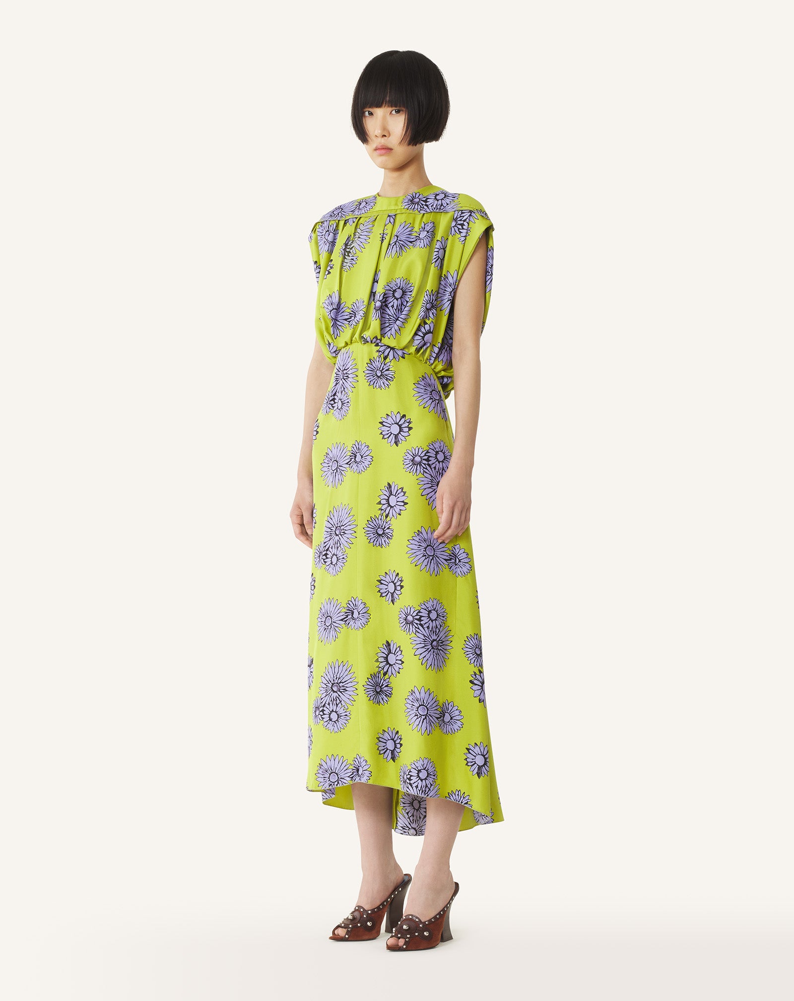 GREEN PRINTED SILK MIDI DRESS