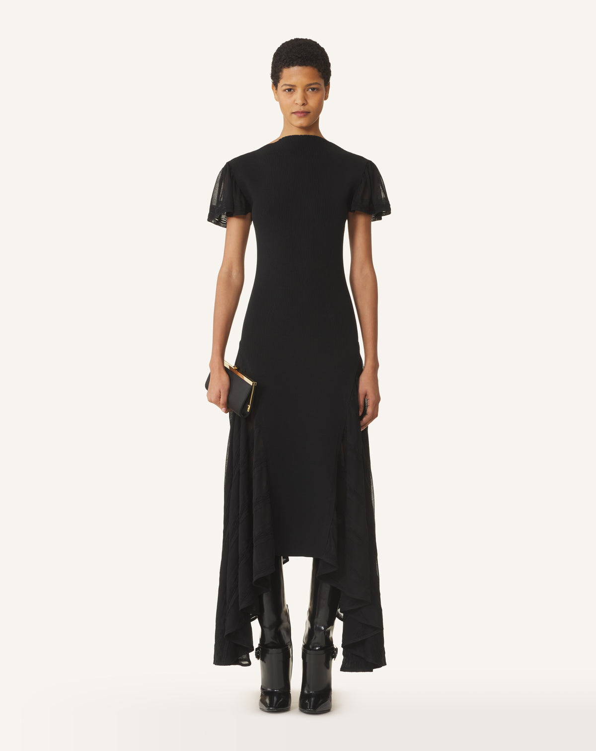 BLACK GODET-FLARE DRESS IN SILK AND COTTON