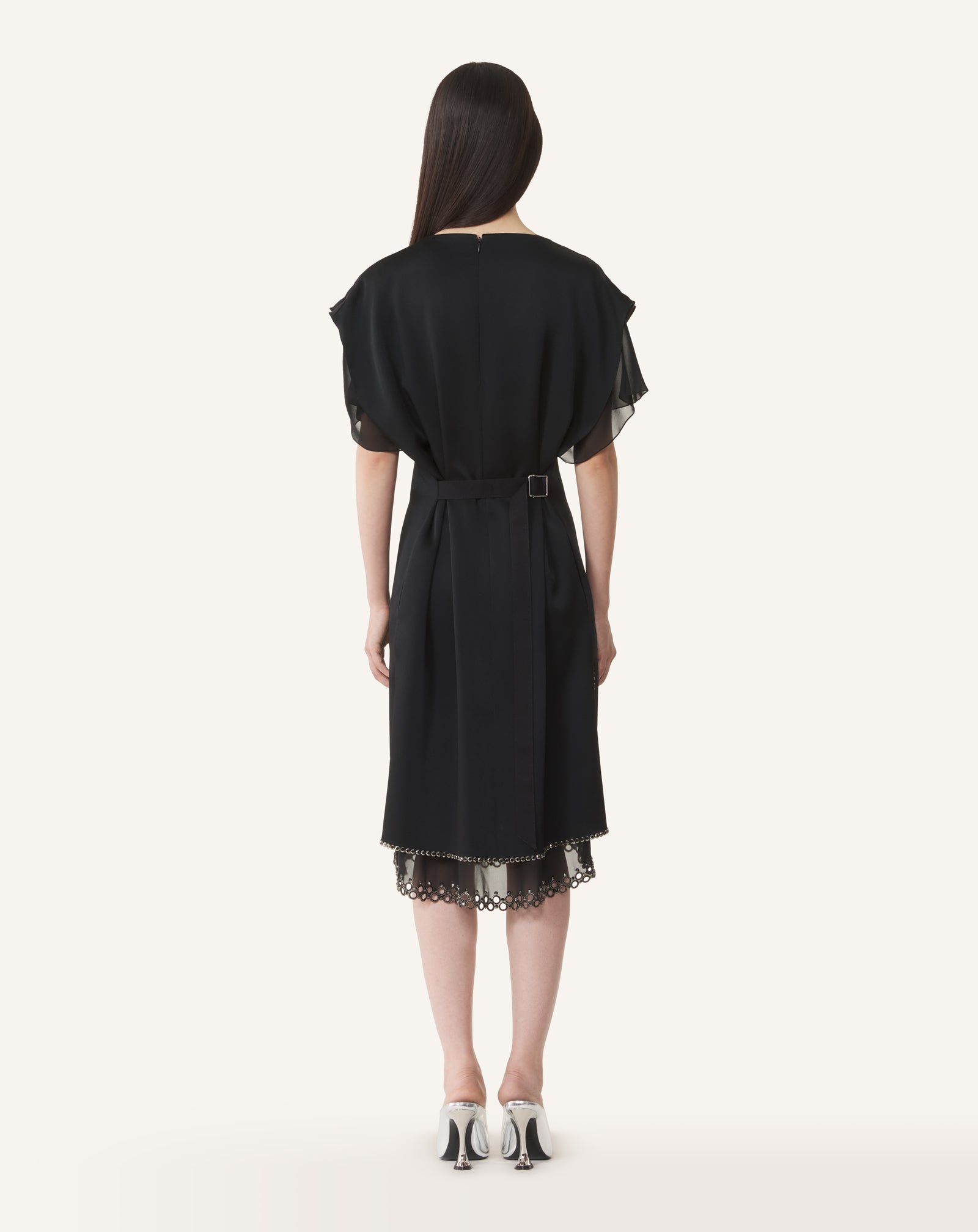 BLACK EMBROIDERED MIDI DRESS IN SATIN