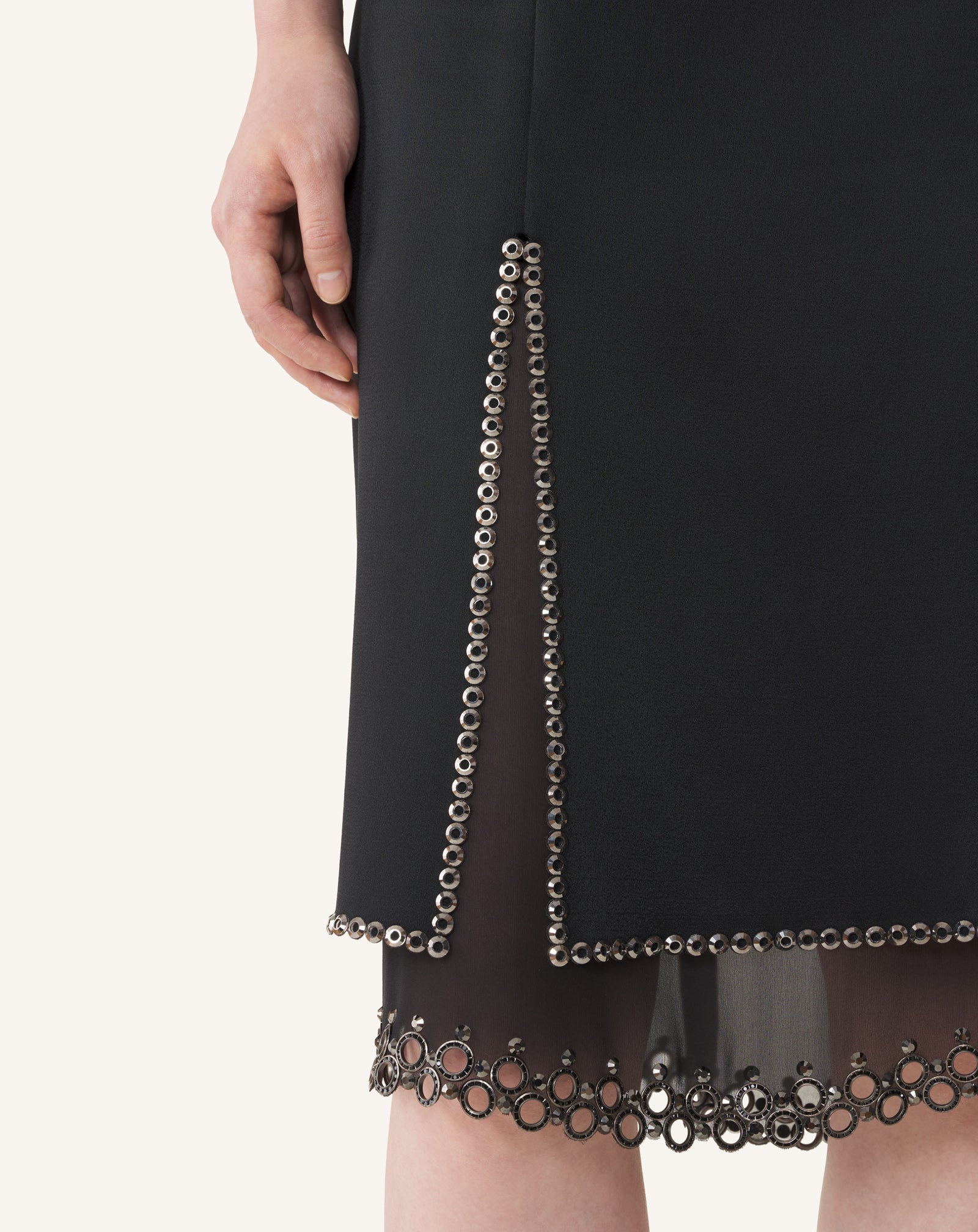 BLACK EMBROIDERED MIDI DRESS IN SATIN