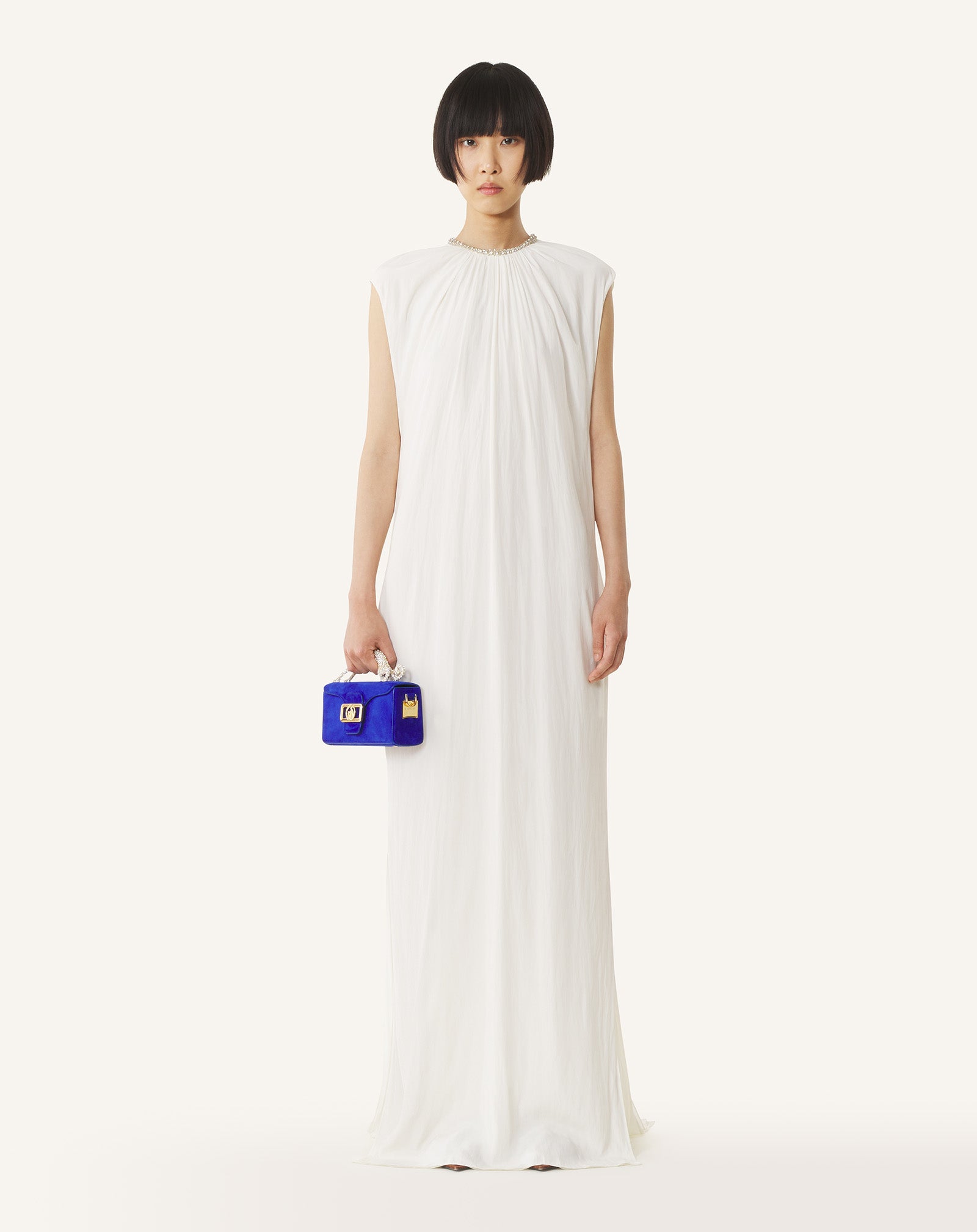 WHITE EMBROIDERED DRESS IN CHARMEUSE