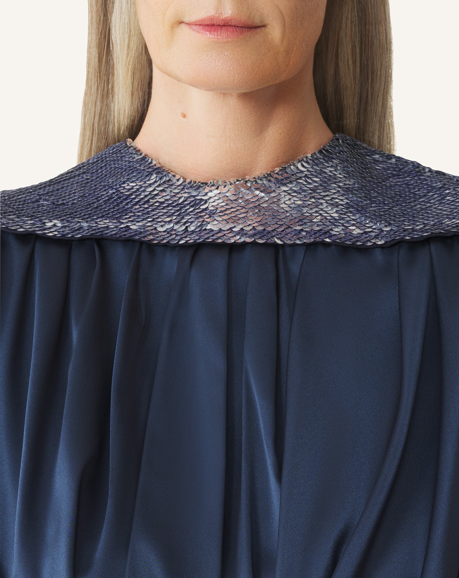 EMBROIDERED BACK DRESS IN SILK SATIN