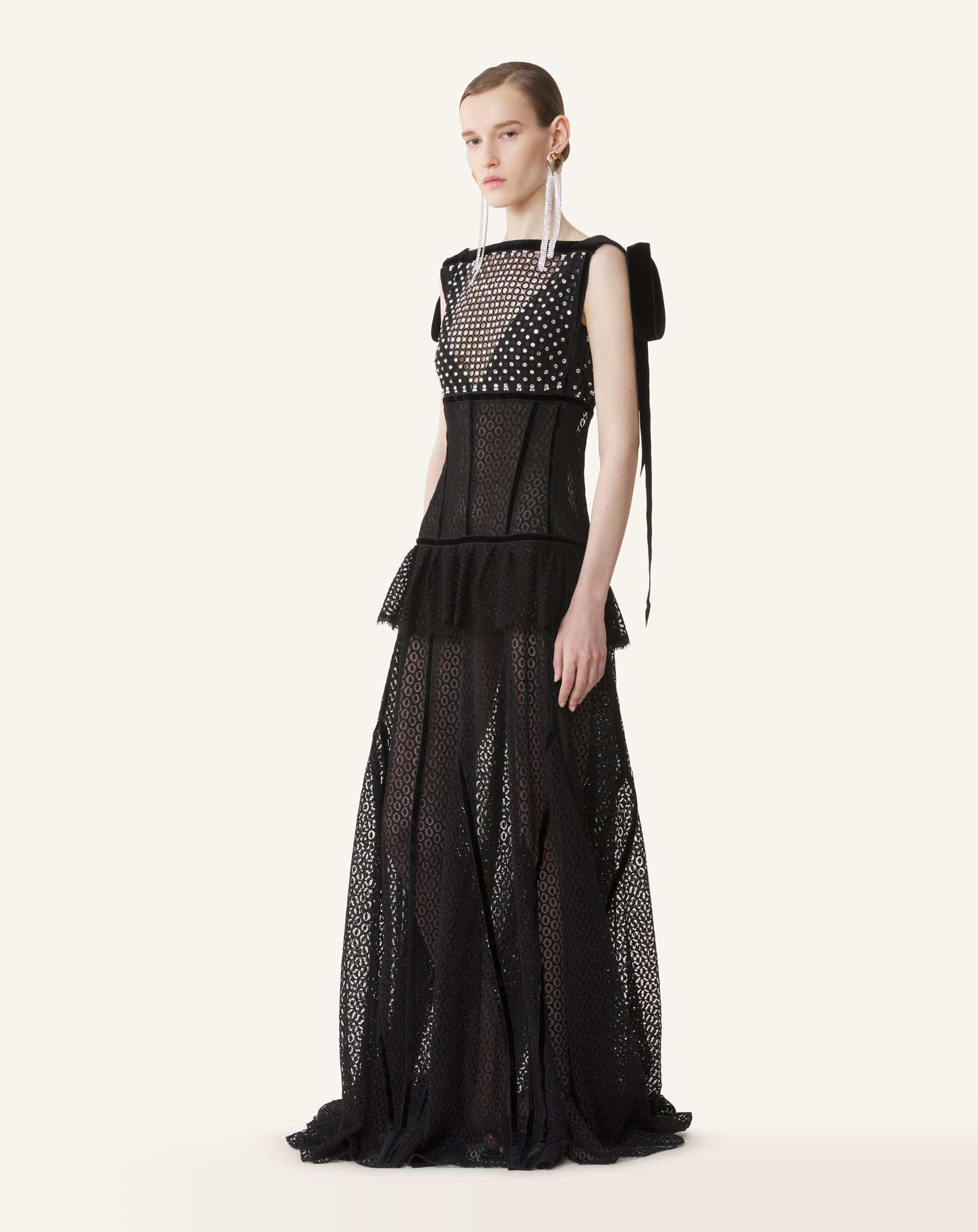 BLACK EMBROIDERED LACE HALTER DRESS