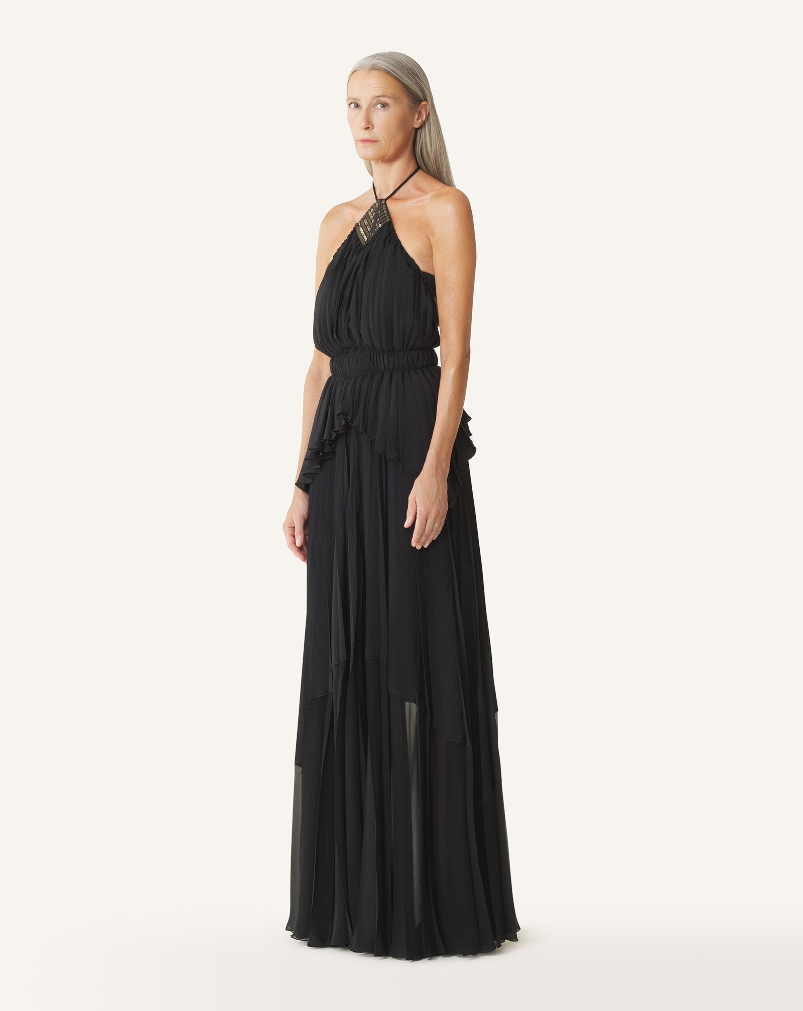 BLACK EMBROIDERED DRESS IN SILK AND CHARMEUSE