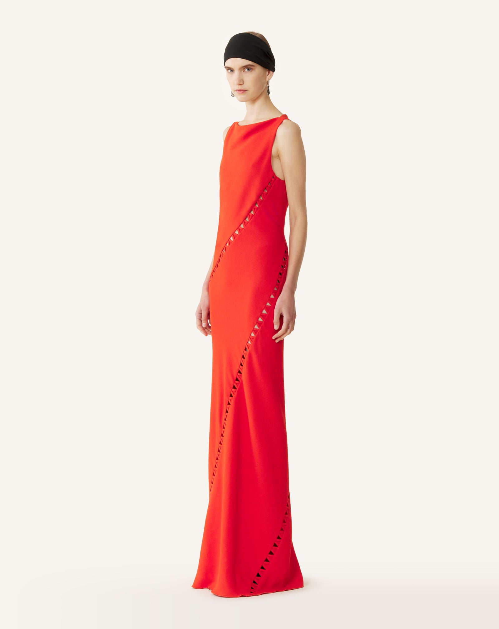 RED VISCOSE DRAPED-BACK LONG DRESS