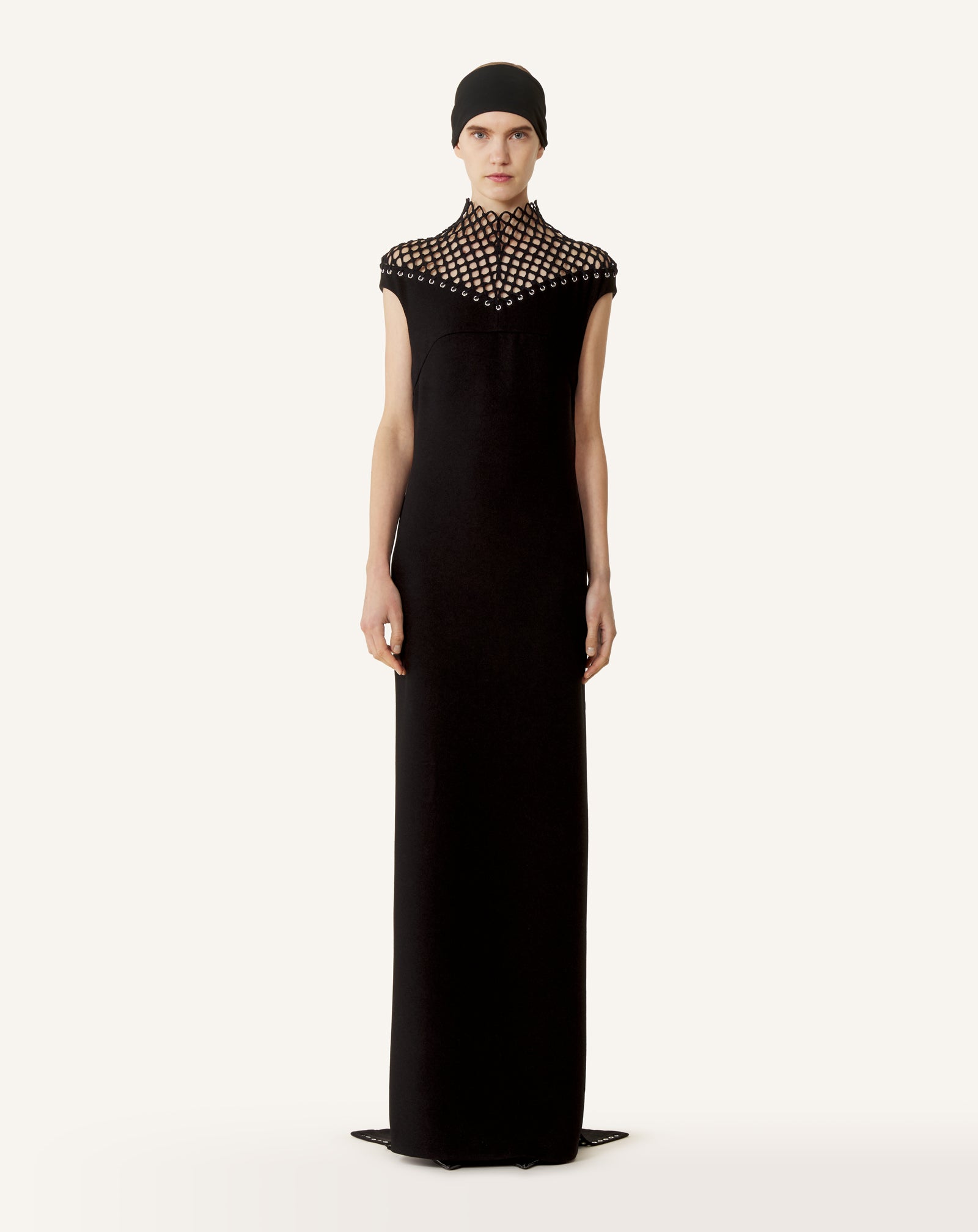 BLACK LONG VISCOSE DRESS WITH MESH DETAIL