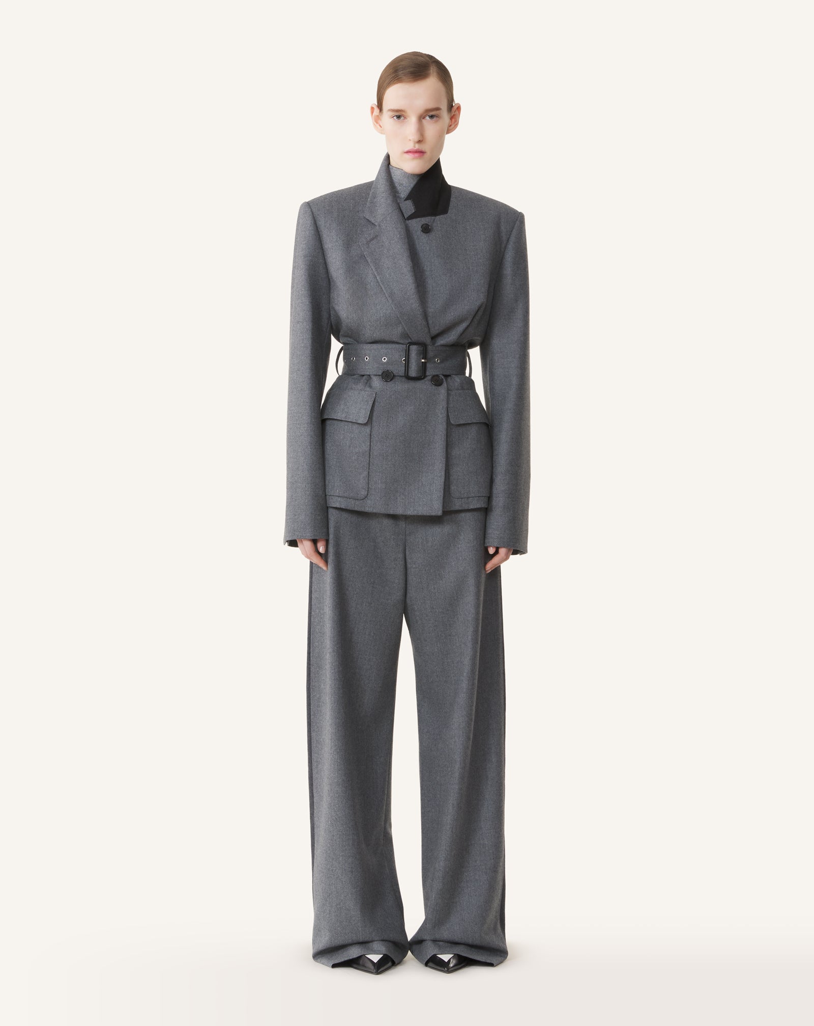 GREY BELTED JACKET IN WOOL FLANNEL