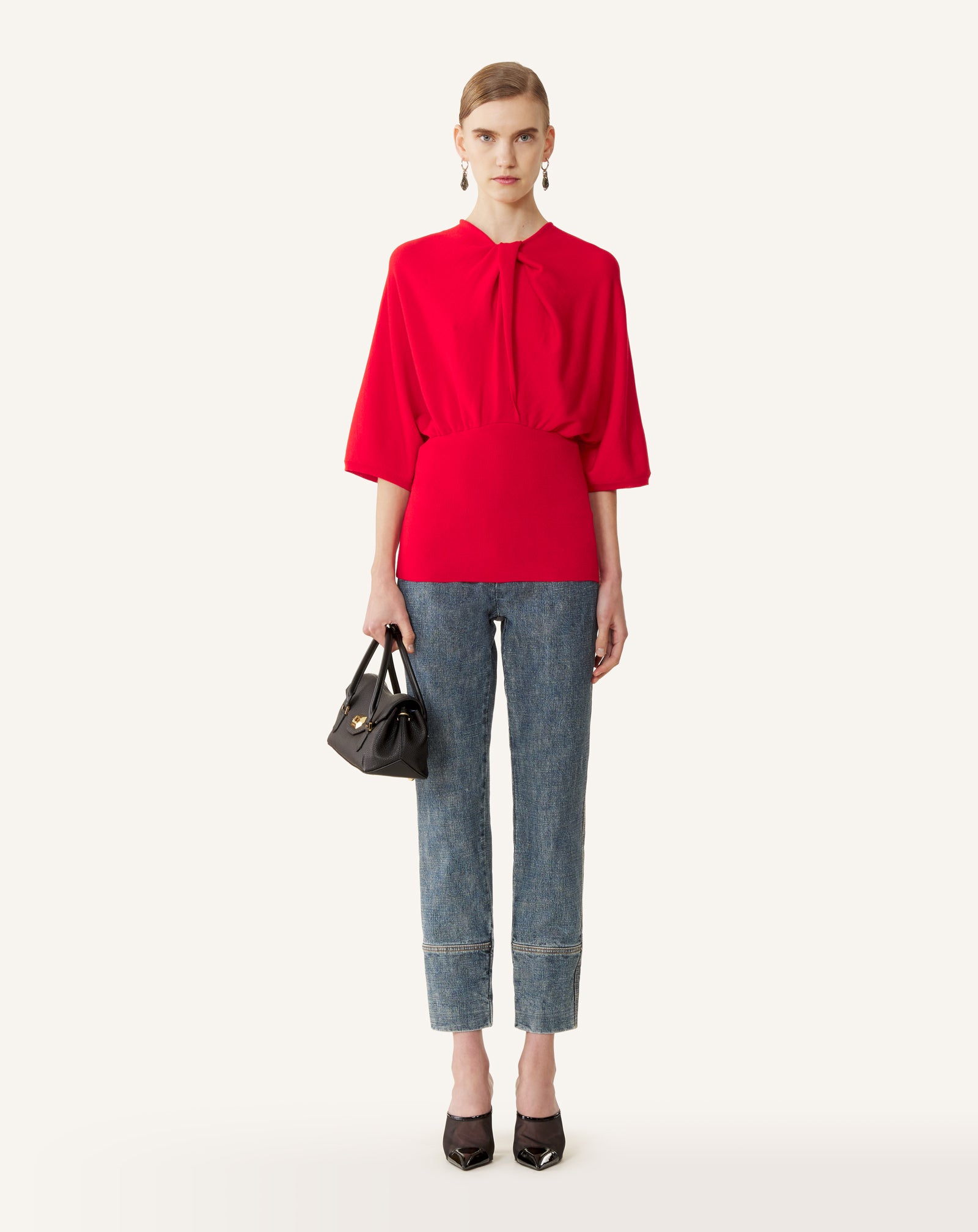 RED MERINO WOOL SWEATER WITH BOW DETAIL