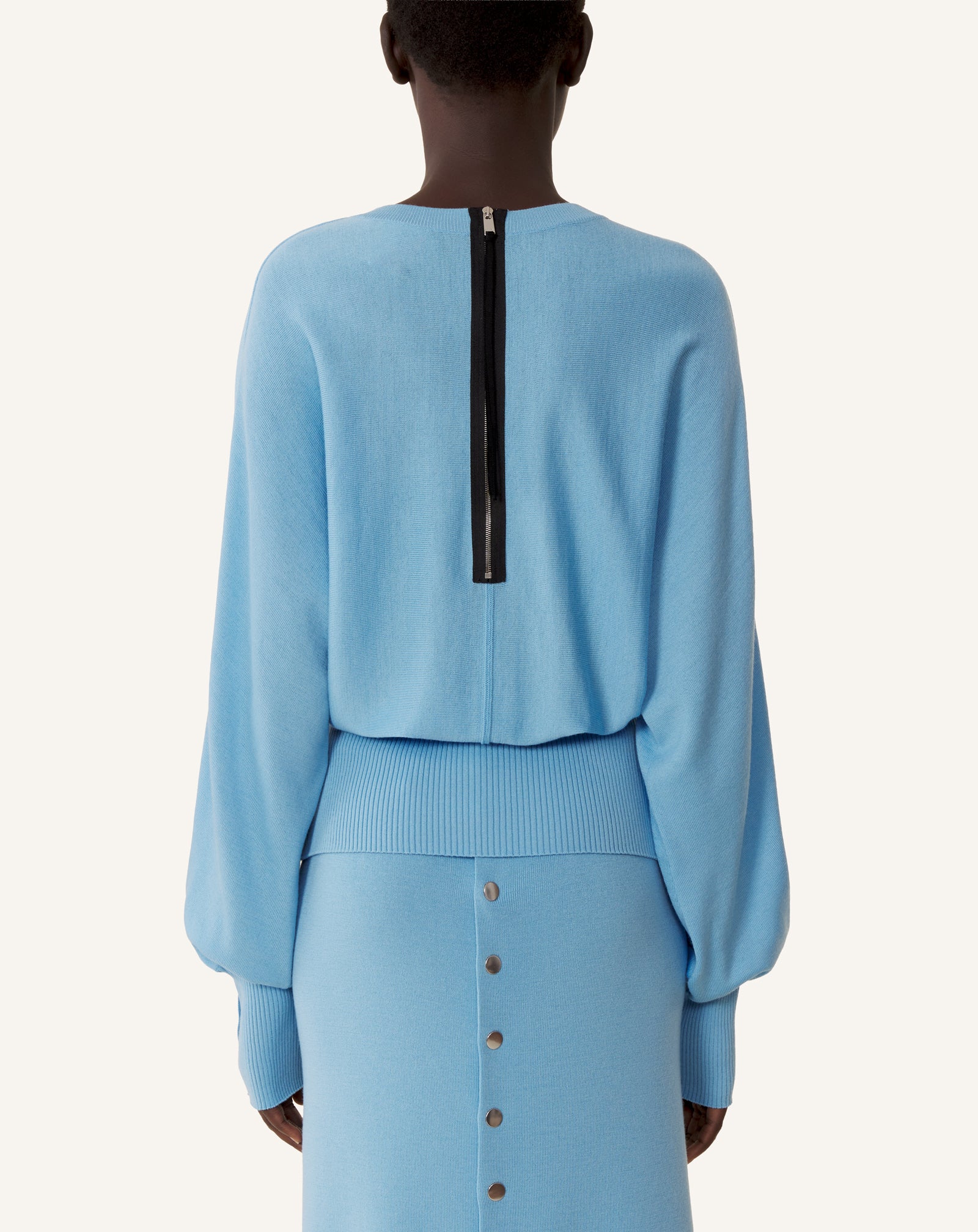 BLUE FITTED-WAIST MERINO WOOL SWEATER