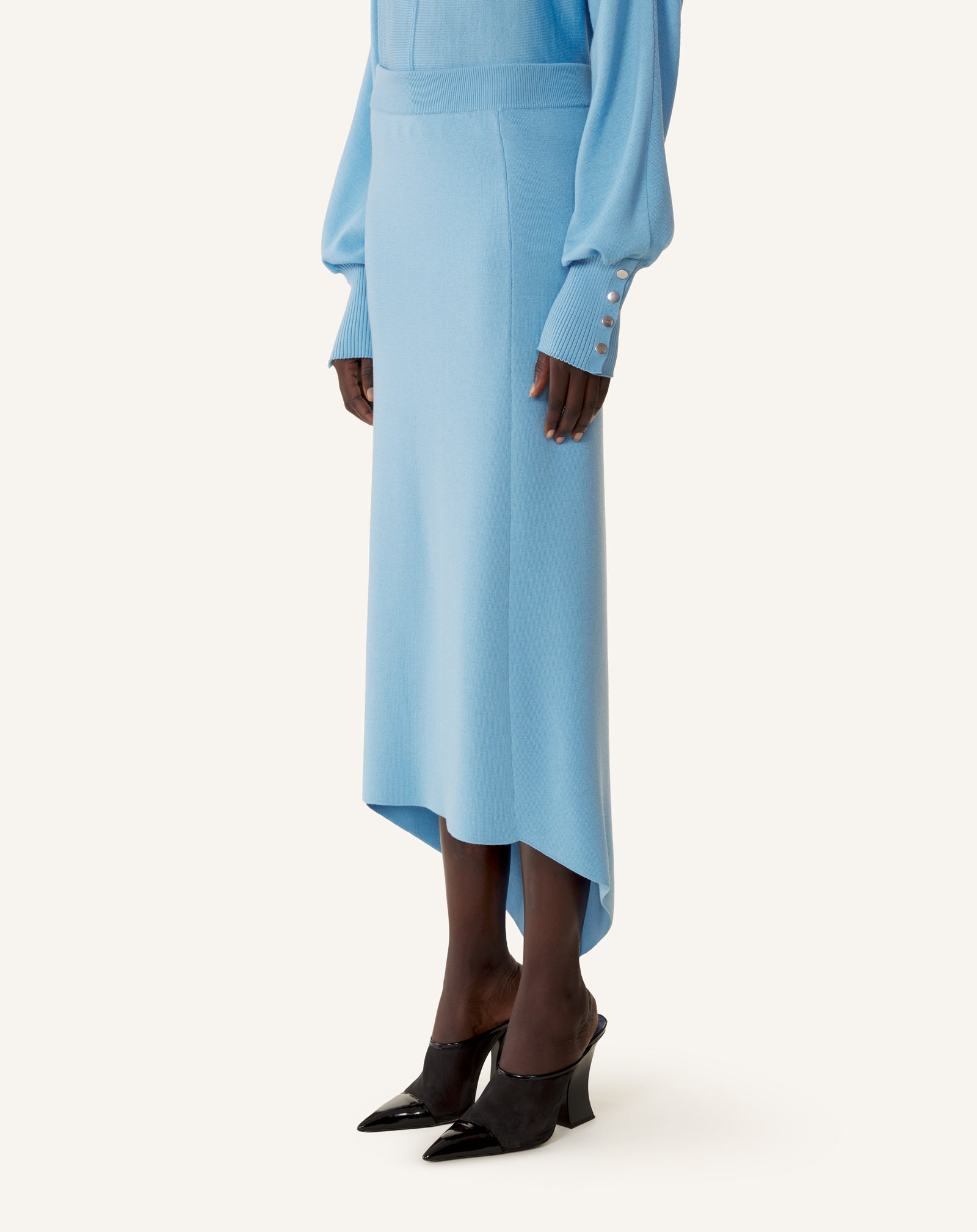 BLUE BUTTONED LONG SKIRT IN MERINO WOOL