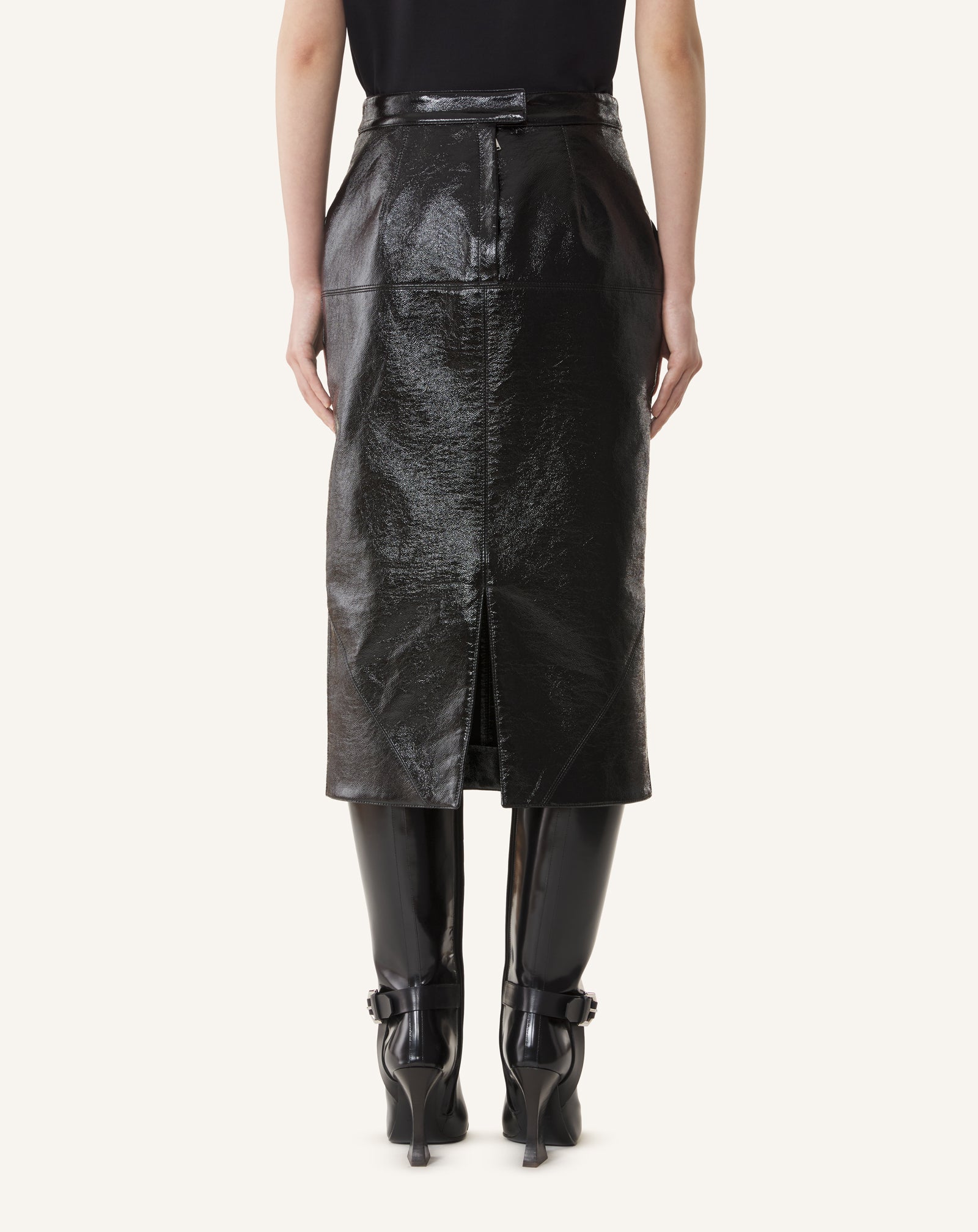 BLACK VINYL STRAIGHT SKIRT WITH CUT-OUTS