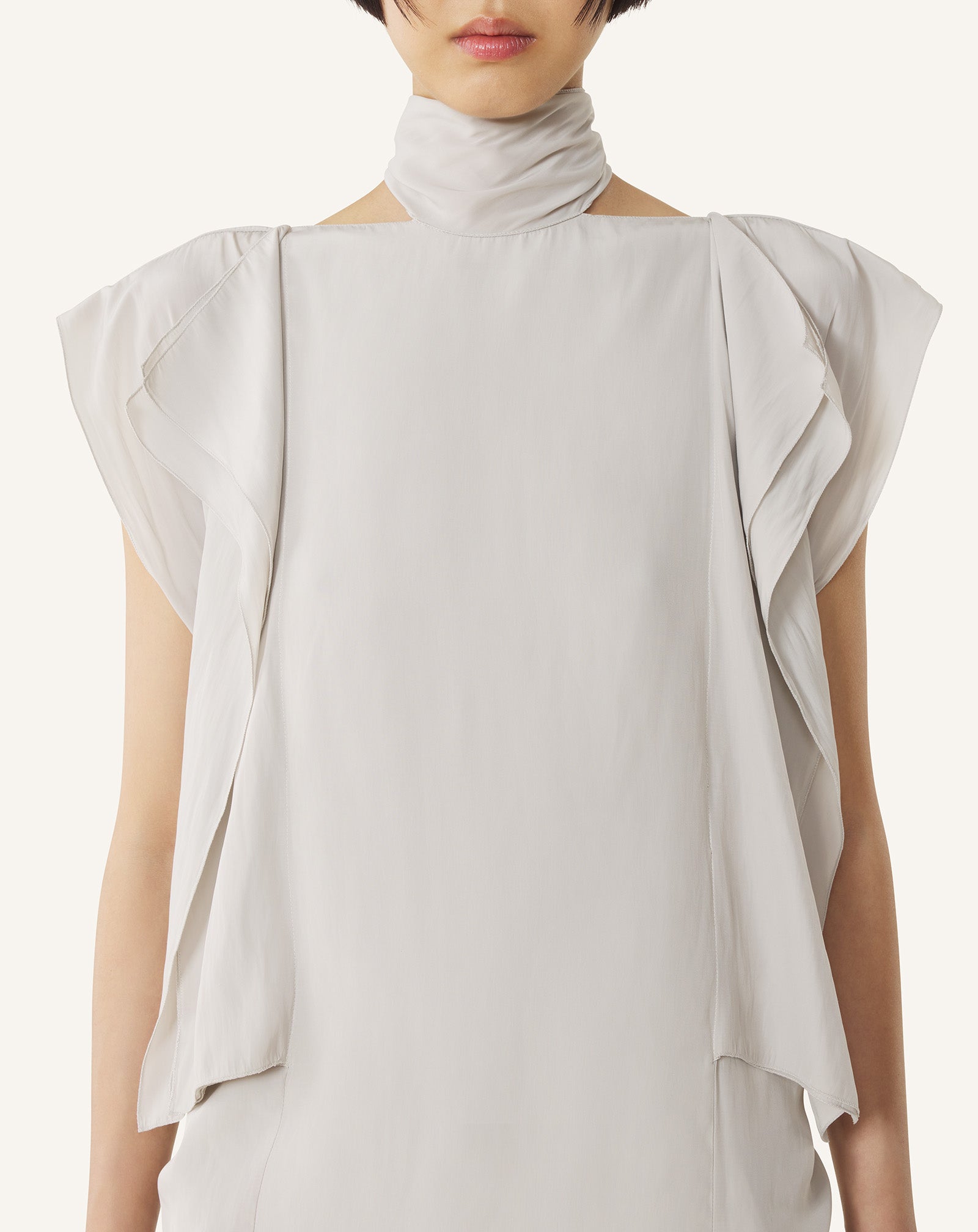 WHITE FRILLED TOP IN CHARMEUSE