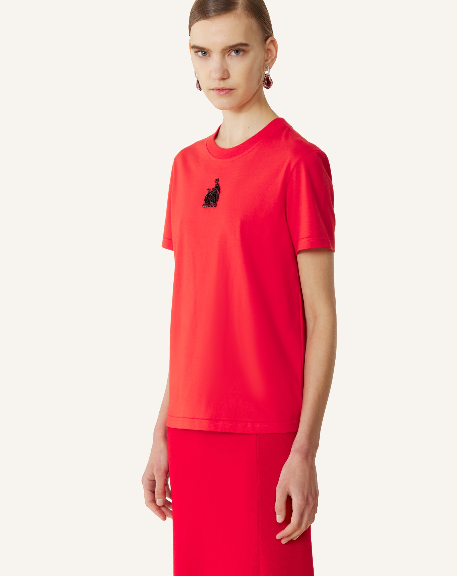 RED MOTHER AND DAUGHTER EMBROIDERED COTTON JERSEY T-SHIRT