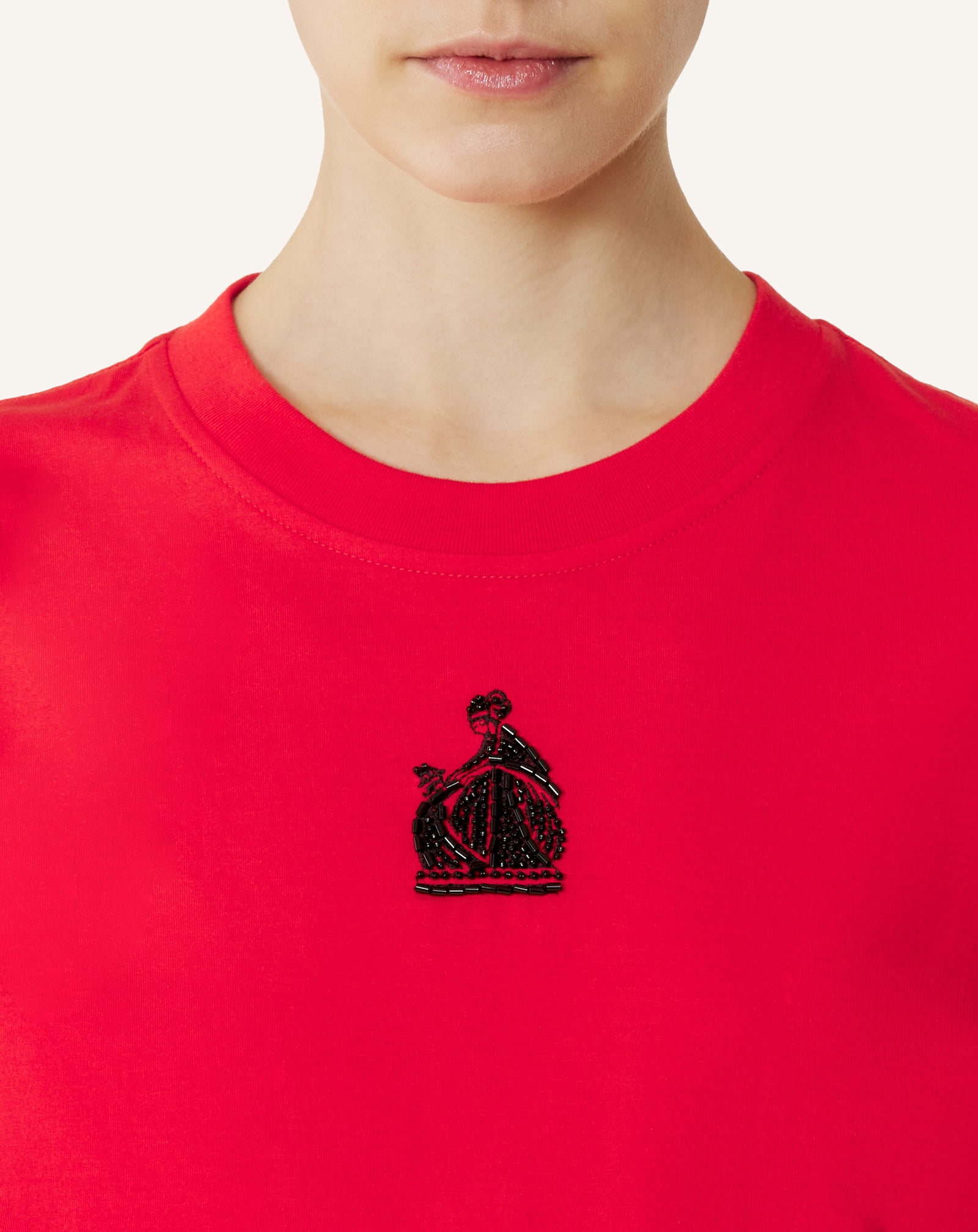 RED MOTHER AND DAUGHTER EMBROIDERED COTTON JERSEY T-SHIRT
