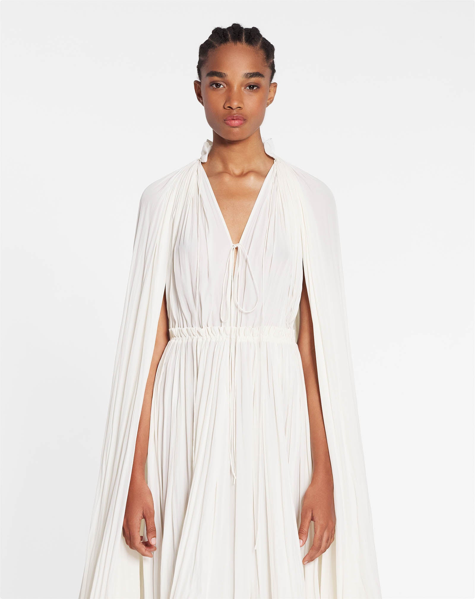 WHITE LONG CHARMEUSE RUFFLE DRESS