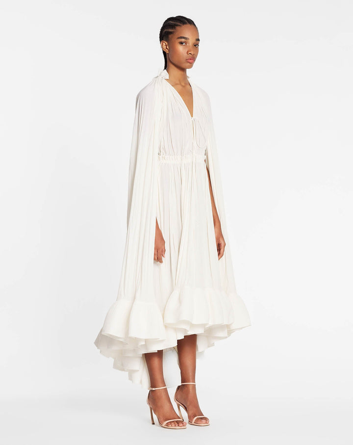 LONG RUFFLE DRESS IN CHARMEUSE, OFF WHITE